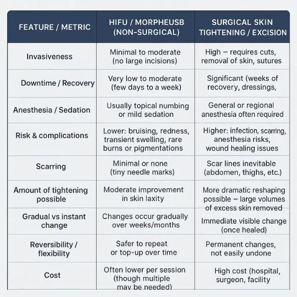 A table showing the benefits of Lipo Sculpt Busby treatments to combat loose skin.