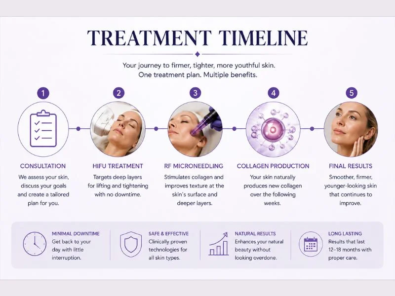 Timeline of how long complete skin tightening treatment Busby results take